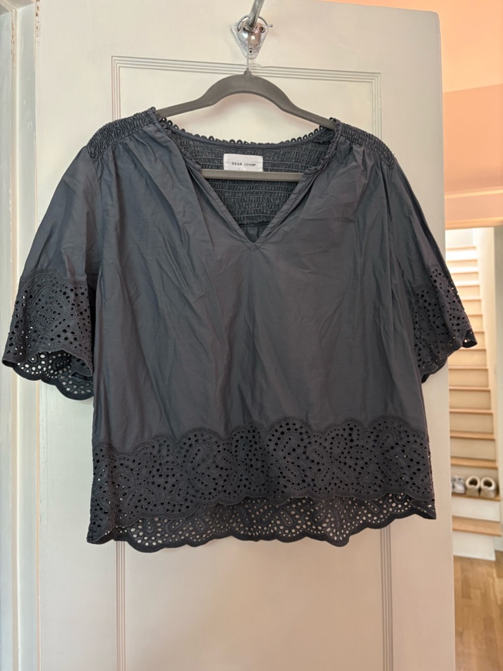 Dear John Black Eyelet V-Neck Cotton Top